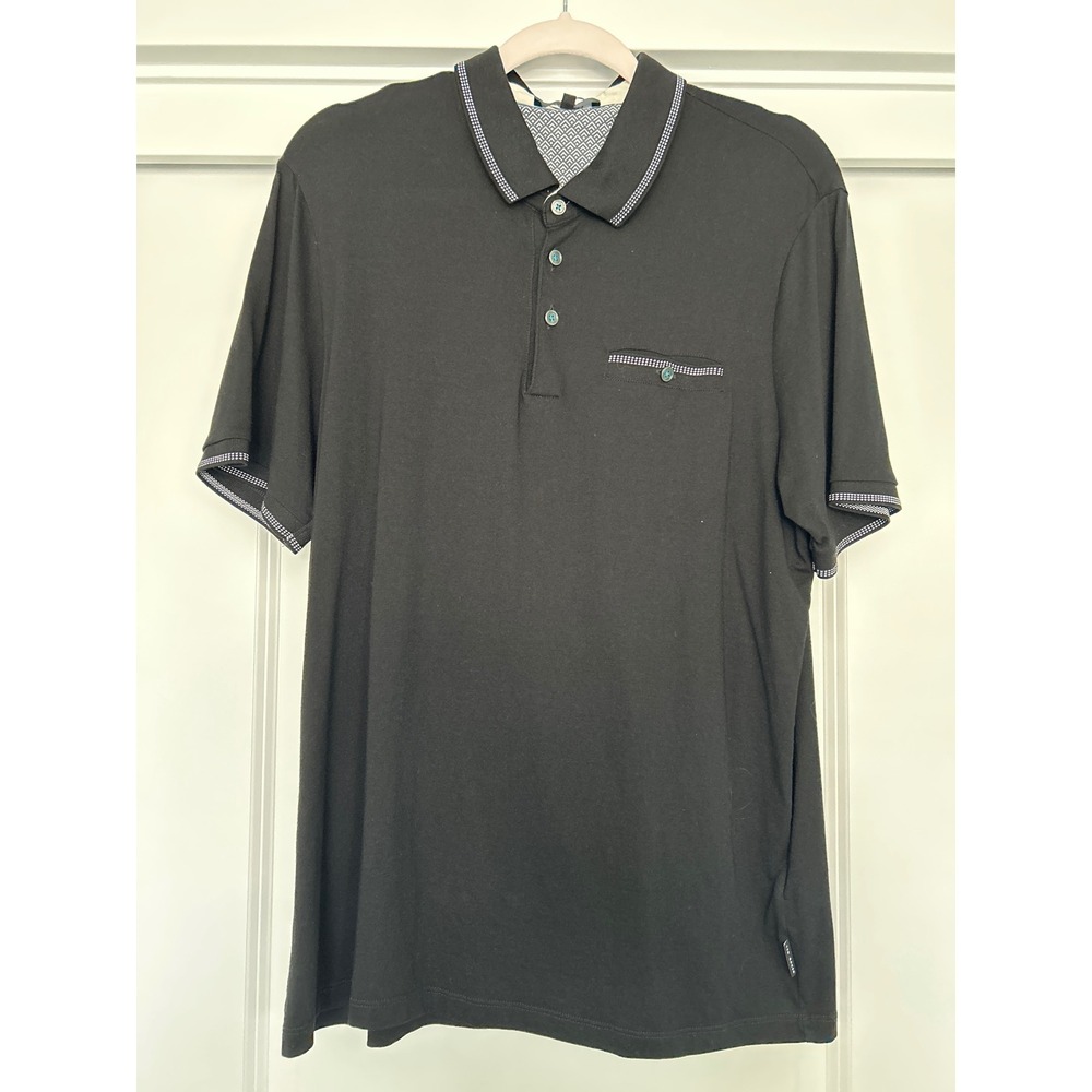 Ted Baker Mens Black Cotton Modal Short Sleeve Polo Shirt Pattern Trim Size 5 XL